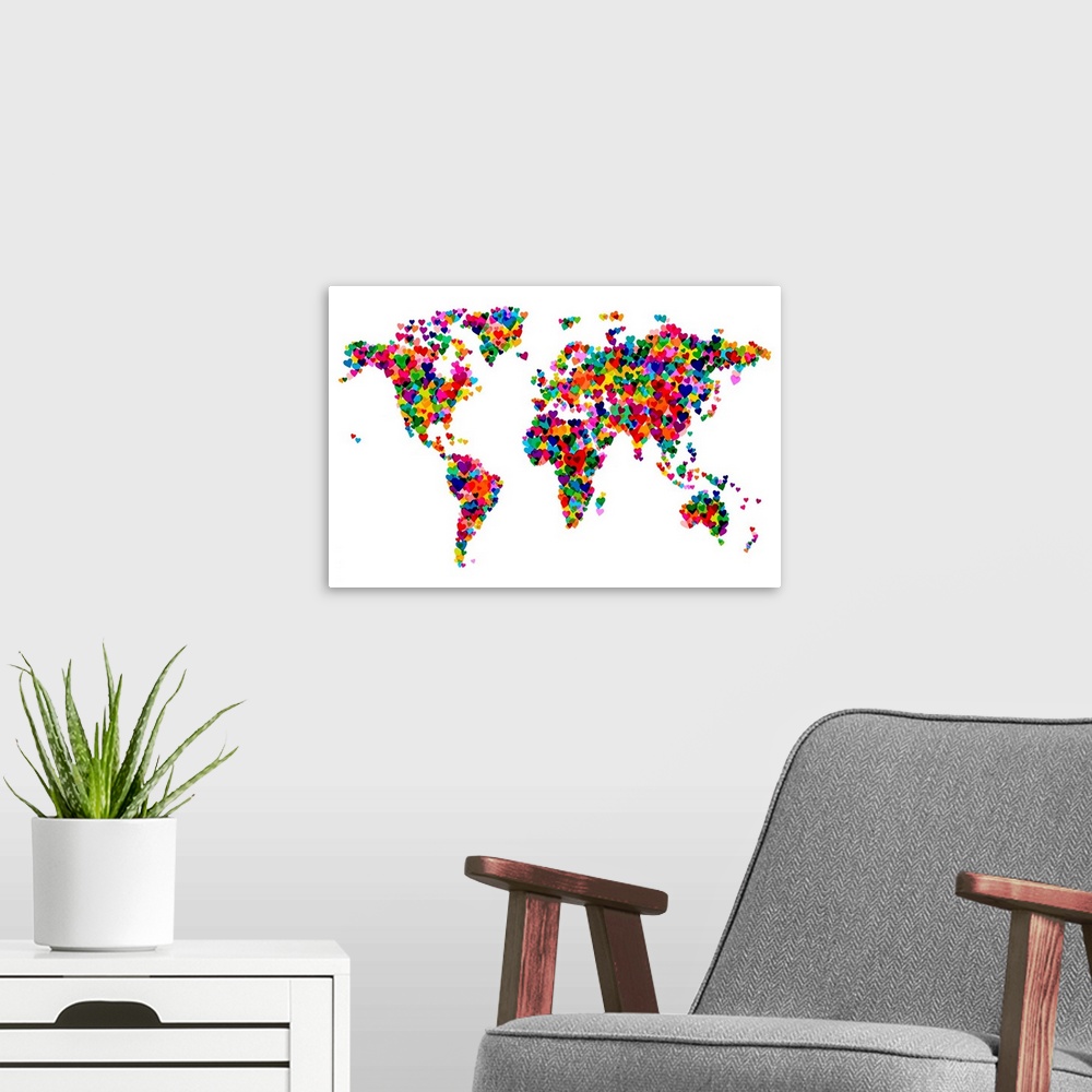 A modern room featuring A map made from collaging hearts into the shapes of the six main continents.