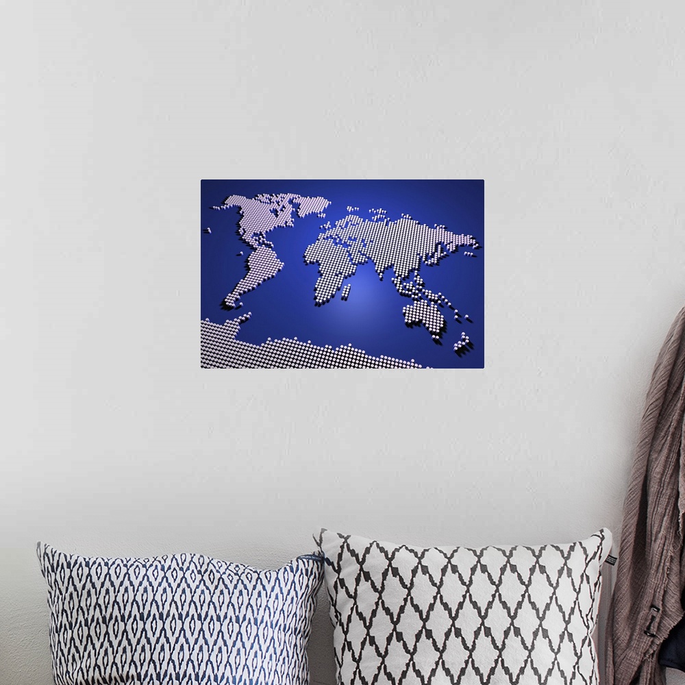 A bohemian room featuring A map of the world in blue, created from a 3D digital render. Maps come in many shapes and forms....