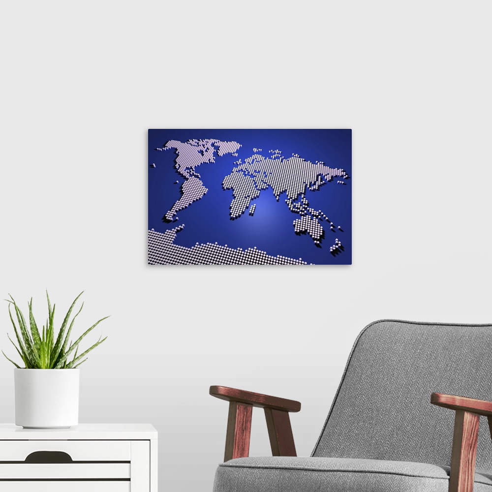 A modern room featuring A map of the world in blue, created from a 3D digital render. Maps come in many shapes and forms....