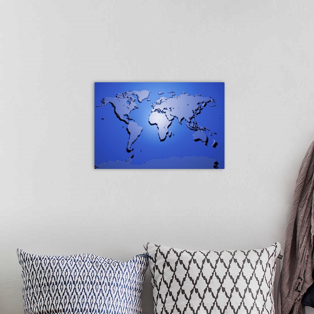 A bohemian room featuring A map of the world in blue, created from a 3D digital render. Maps come in many shapes and forms....