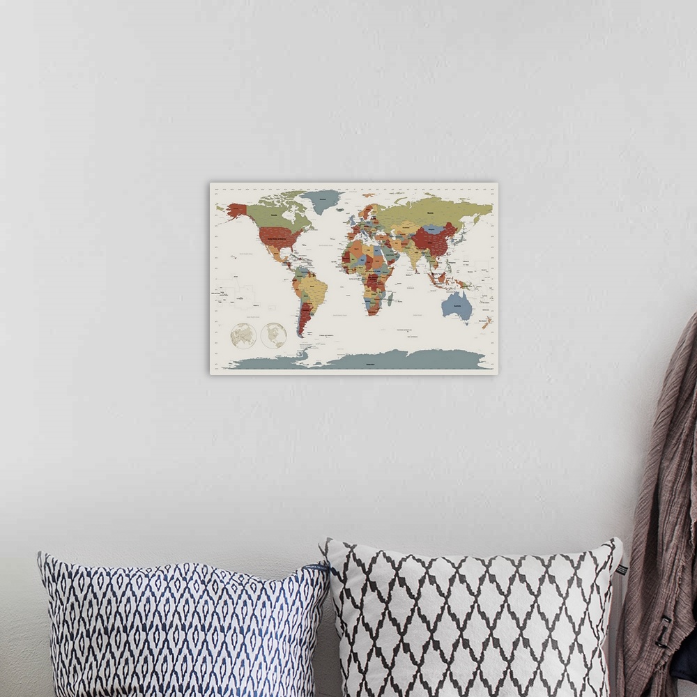 A bohemian room featuring Multicolored map of the world in muted colors showing continents with country and boundary lines,...