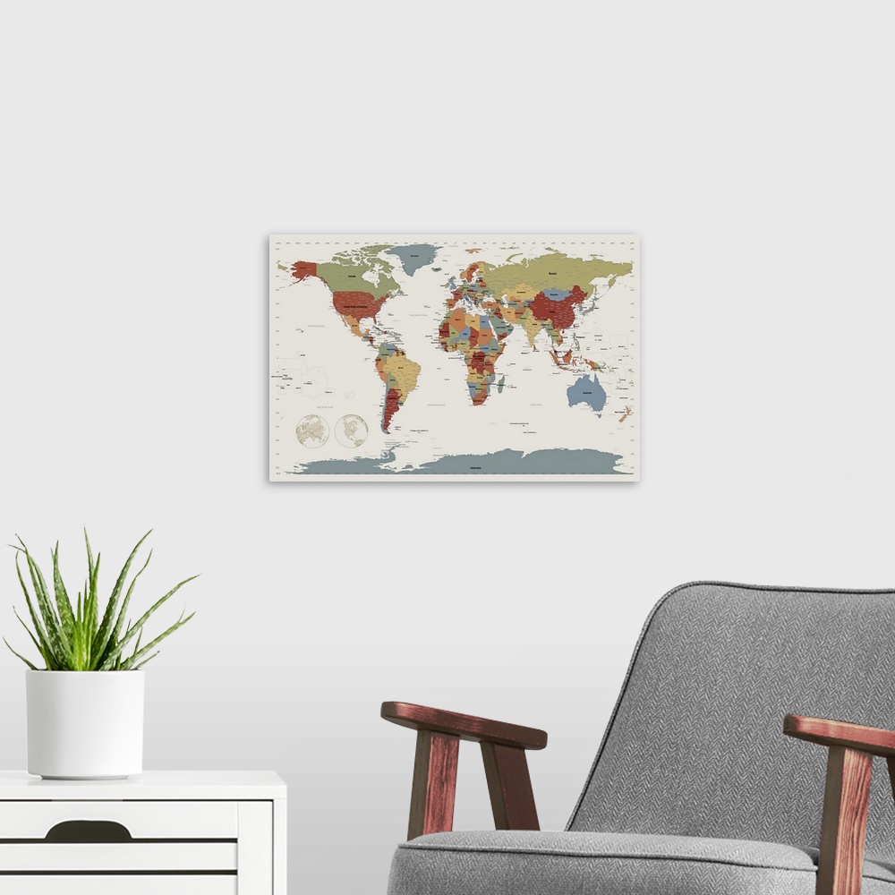 A modern room featuring Multicolored map of the world in muted colors showing continents with country and boundary lines,...