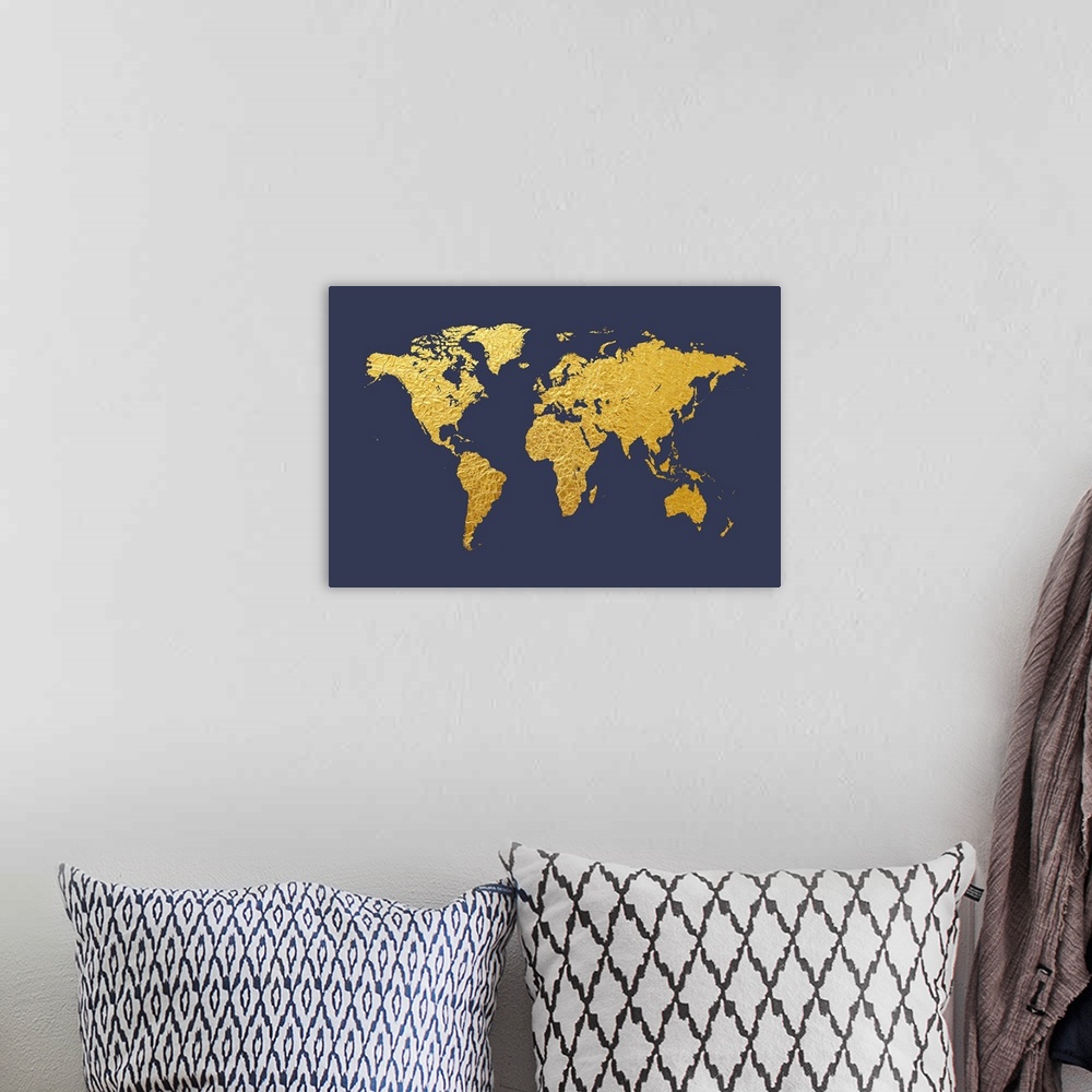 A bohemian room featuring World Map appearing to be made from gold foil.