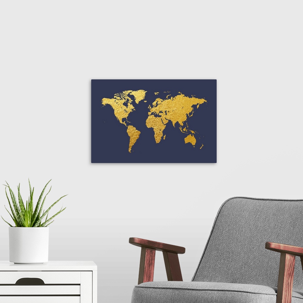 A modern room featuring World Map appearing to be made from gold foil.