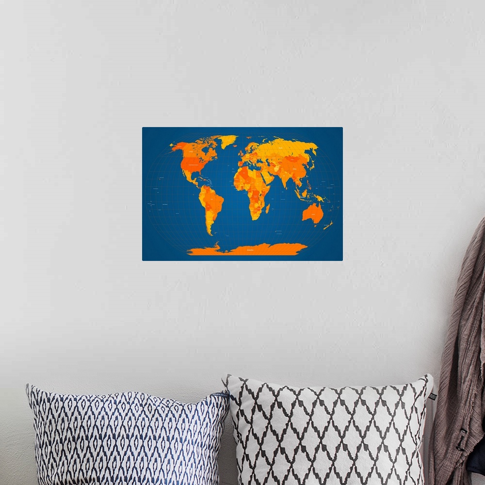 A bohemian room featuring World map labeled with all the countries and oceans with latitude and longitude lines.