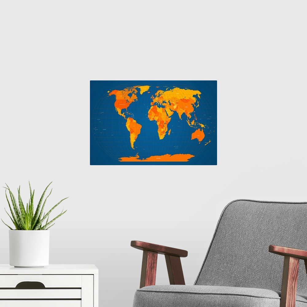 A modern room featuring World map labeled with all the countries and oceans with latitude and longitude lines.