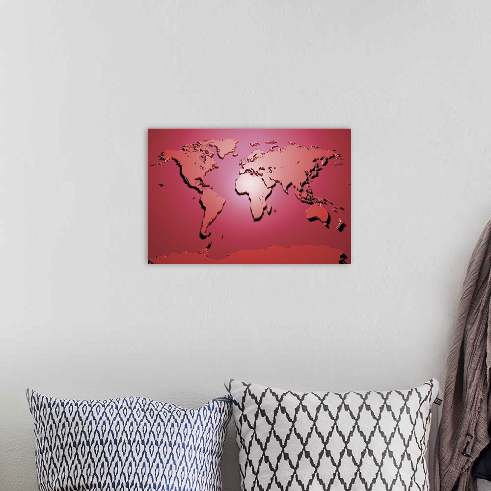 A bohemian room featuring A map of the world in red, created from a 3D digital render. Maps come in many shapes and forms. ...