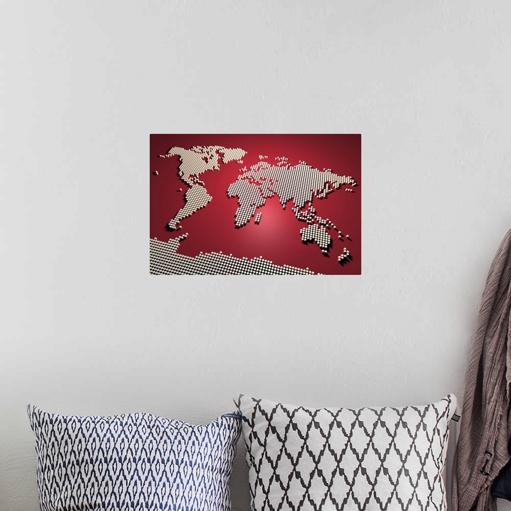 A bohemian room featuring A map of the world in red, created from a 3D digital render. Maps come in many shapes and forms. ...