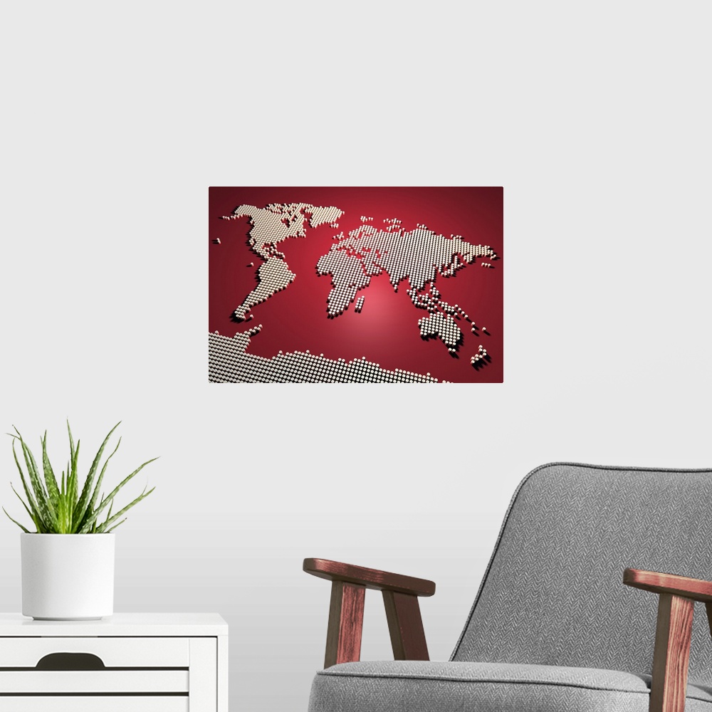 A modern room featuring A map of the world in red, created from a 3D digital render. Maps come in many shapes and forms. ...