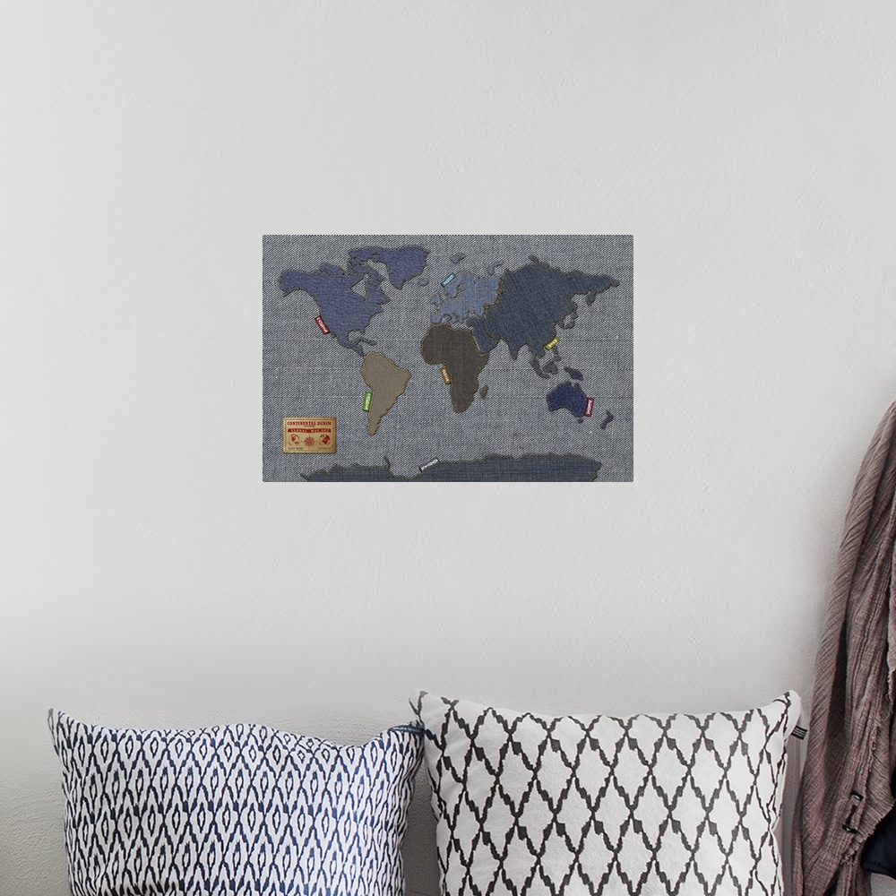 A bohemian room featuring World Map in the style of denim fabric