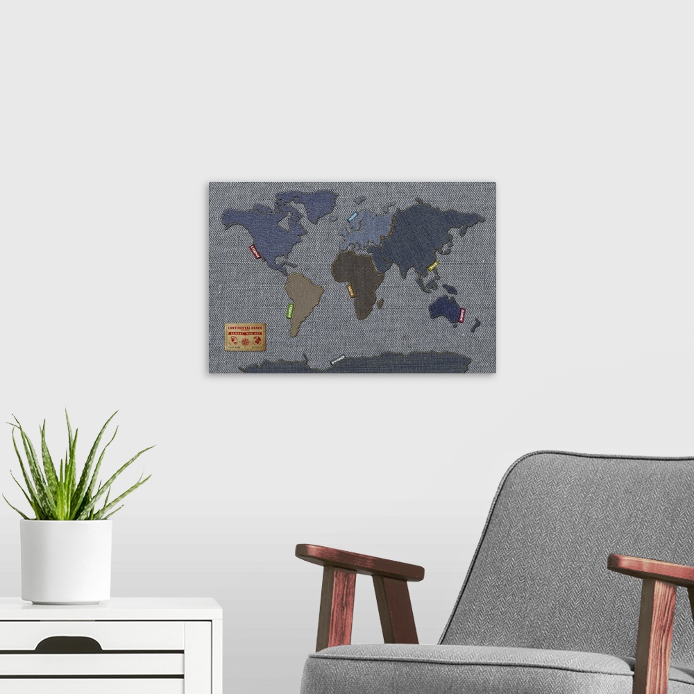 A modern room featuring World Map in the style of denim fabric