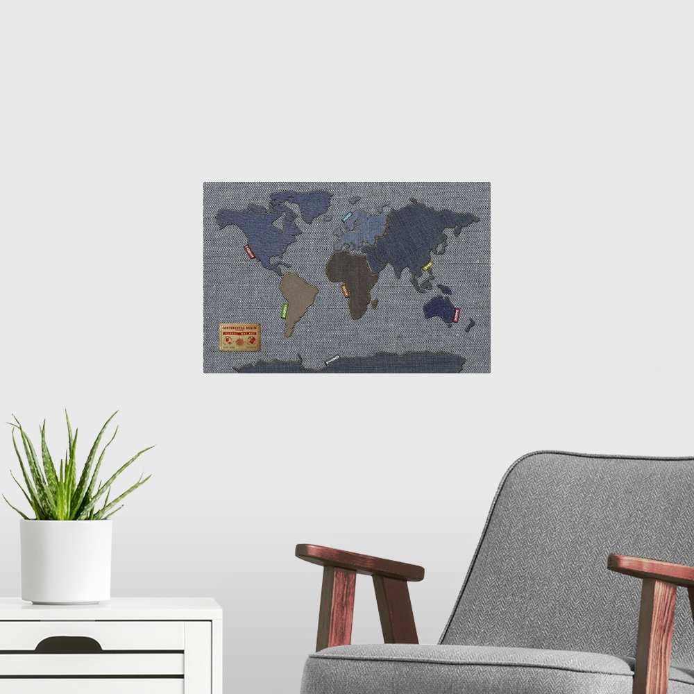 A modern room featuring World Map in the style of denim fabric