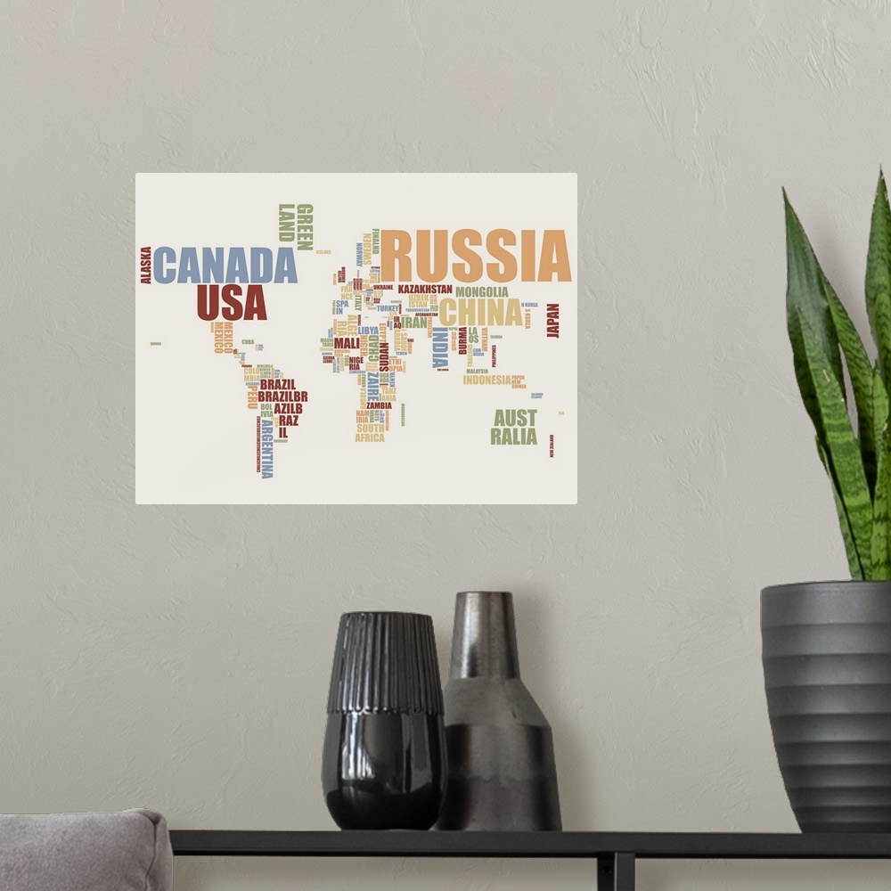 A modern room featuring Contemporary typographic map of the world.  Each continent is shaped by the letters that create e...