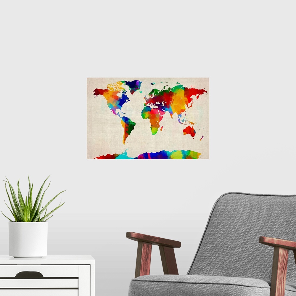 A modern room featuring Large illustration includes a map of Earth constructed through patches of radiant tones placed ne...