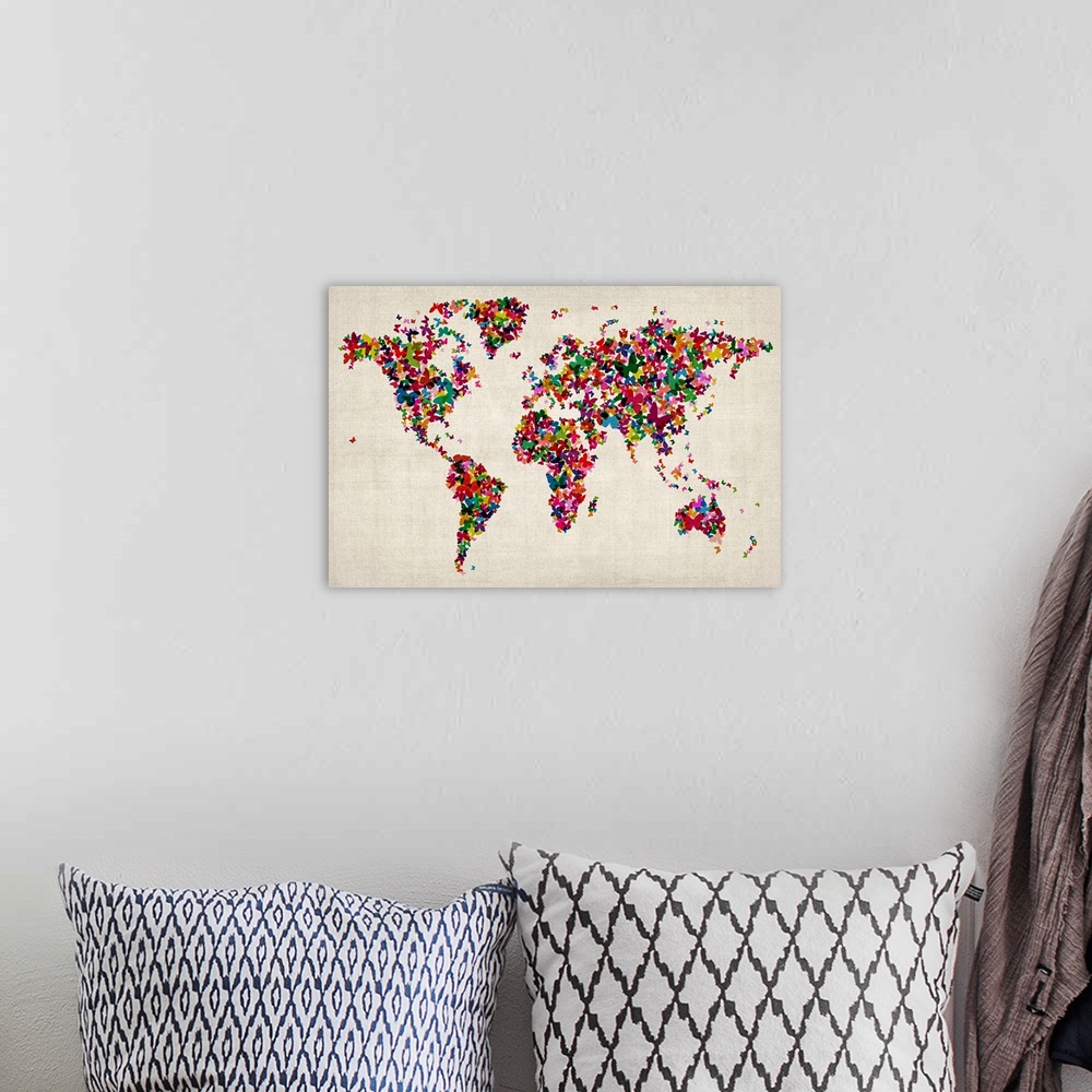 A bohemian room featuring Oversized, horizontal wall hanging of the world map with all countries made of various colors and...