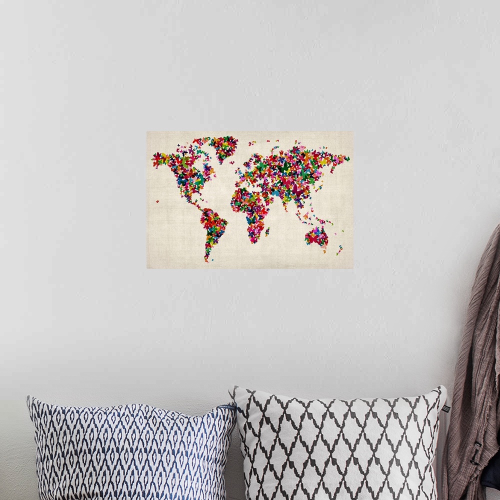 A bohemian room featuring Oversized, horizontal wall hanging of the world map with all countries made of various colors and...