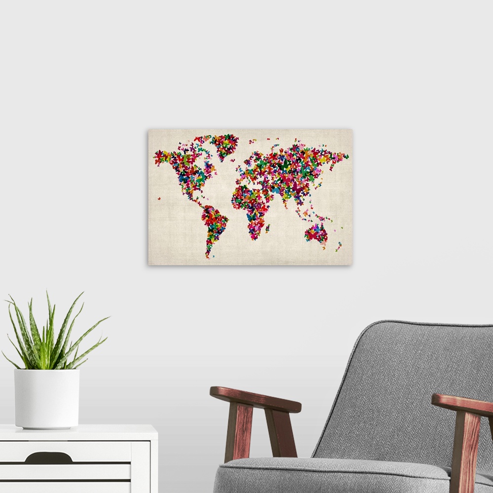 A modern room featuring Oversized, horizontal wall hanging of the world map with all countries made of various colors and...