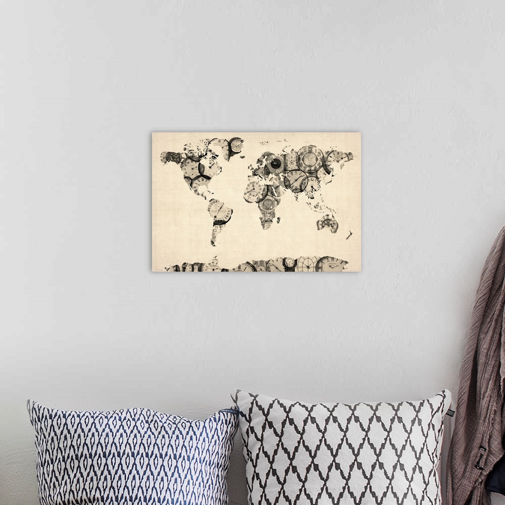 A bohemian room featuring Large map of the world printed on canvas created with a bunch of clock images.