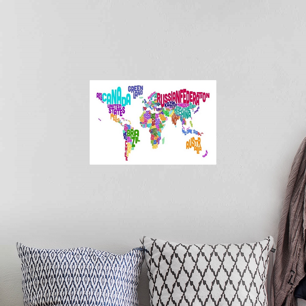 A bohemian room featuring Typographic and geographic wall art for the colorful and minimalist decorator this horizontal pos...