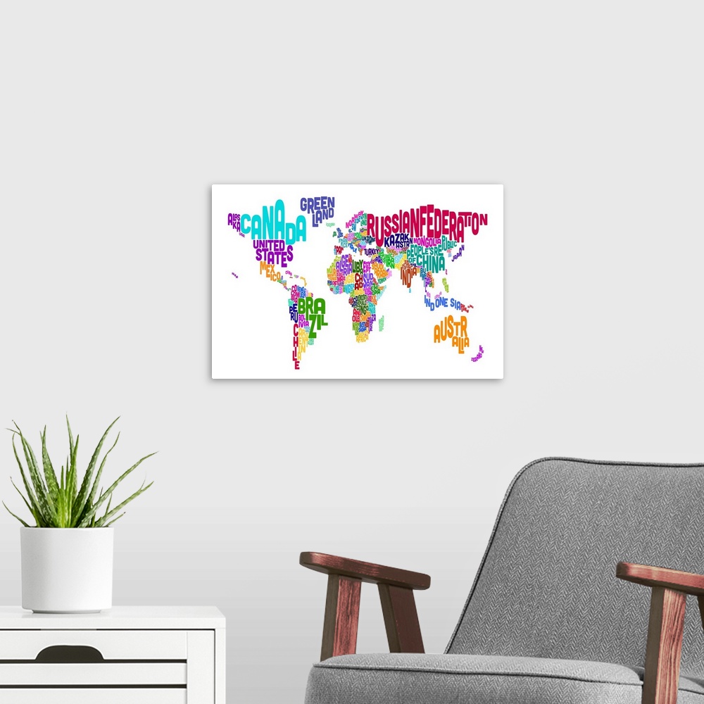 A modern room featuring Typographic and geographic wall art for the colorful and minimalist decorator this horizontal pos...