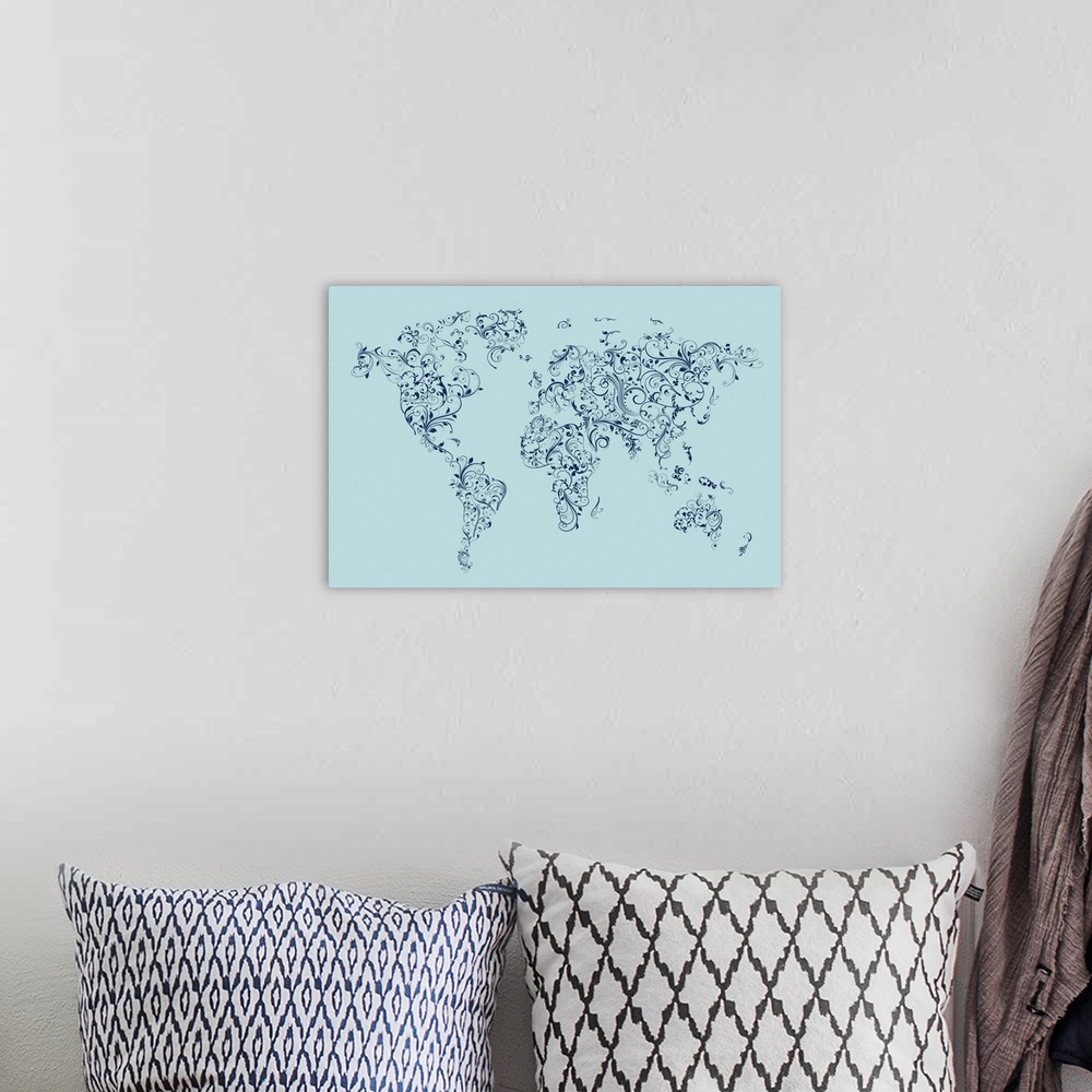 A bohemian room featuring World map made up of Floral Swirls - blue background