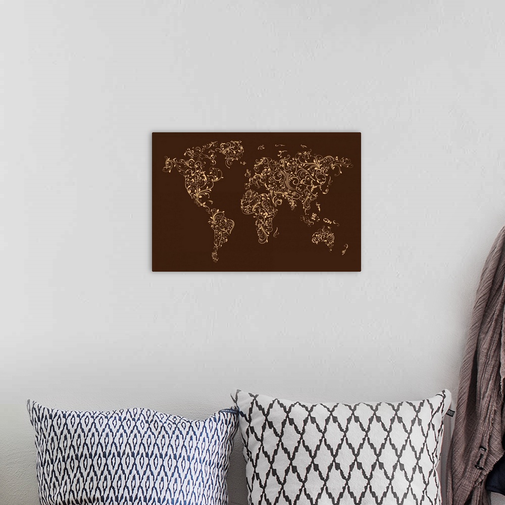 A bohemian room featuring World map made up of Floral Swirls - brown background