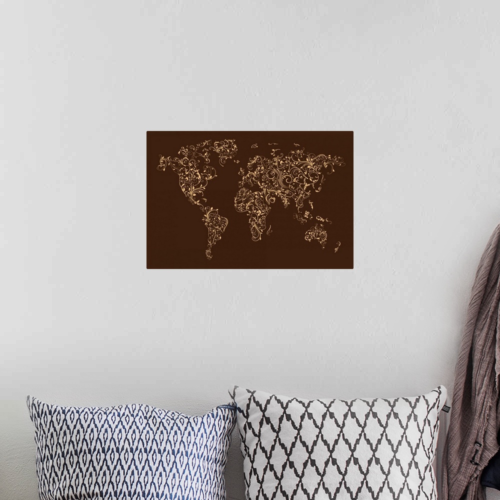 A bohemian room featuring World map made up of Floral Swirls - brown background