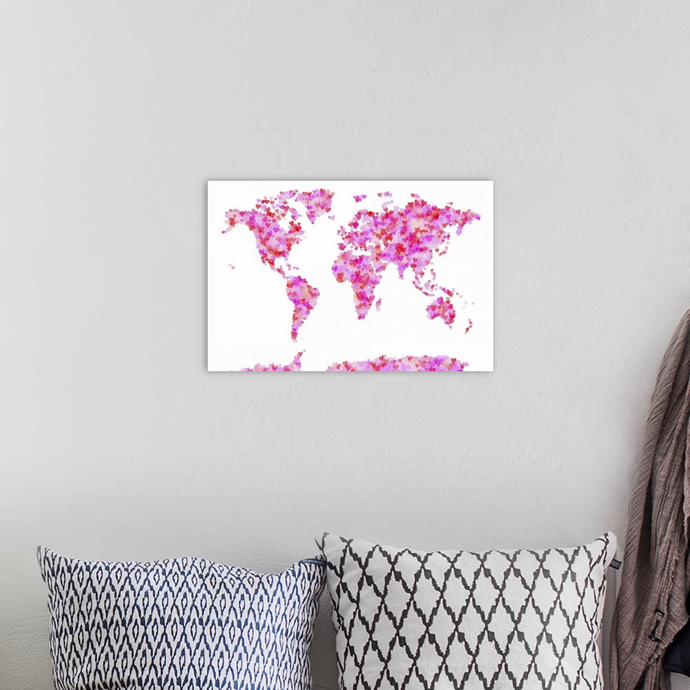 A bohemian room featuring World map created with hearts on a blank canvas.