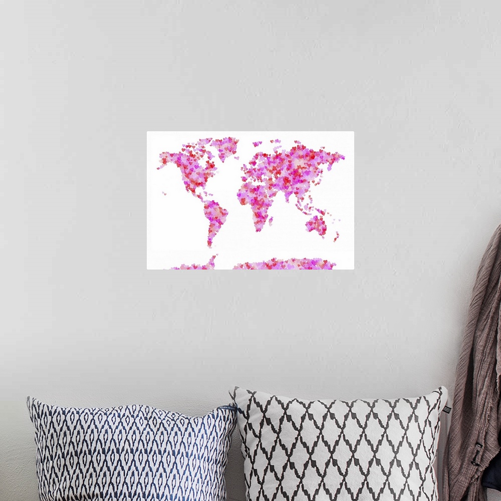 A bohemian room featuring World map created with hearts on a blank canvas.