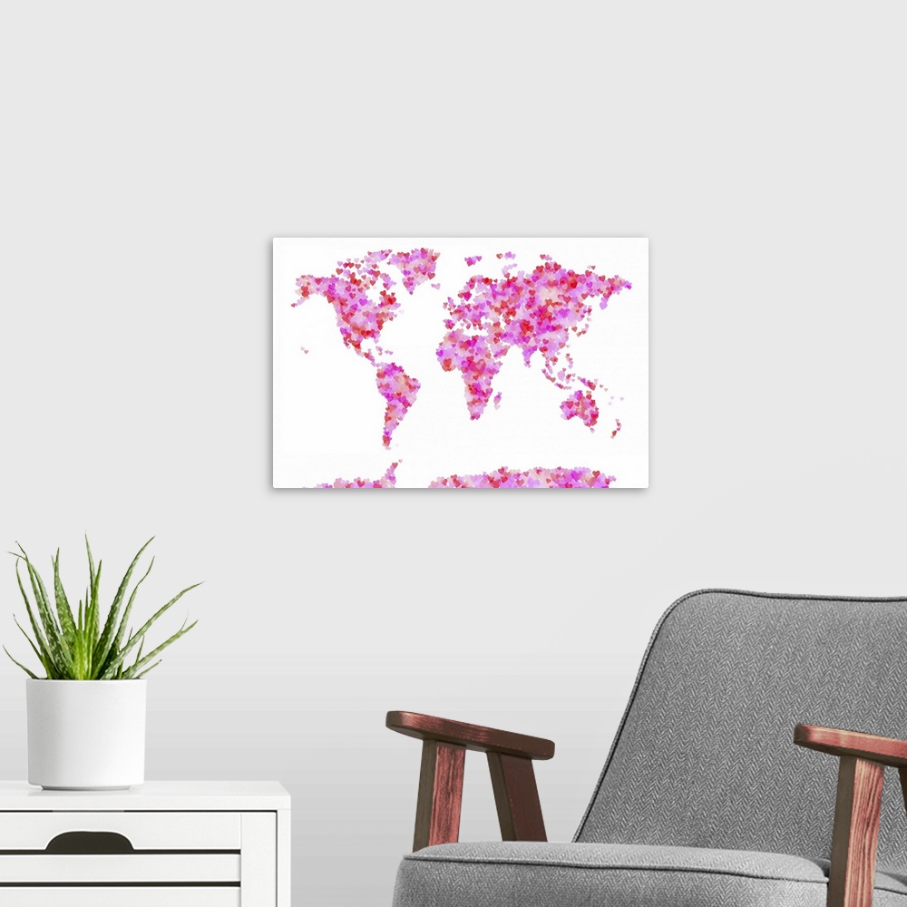A modern room featuring World map created with hearts on a blank canvas.
