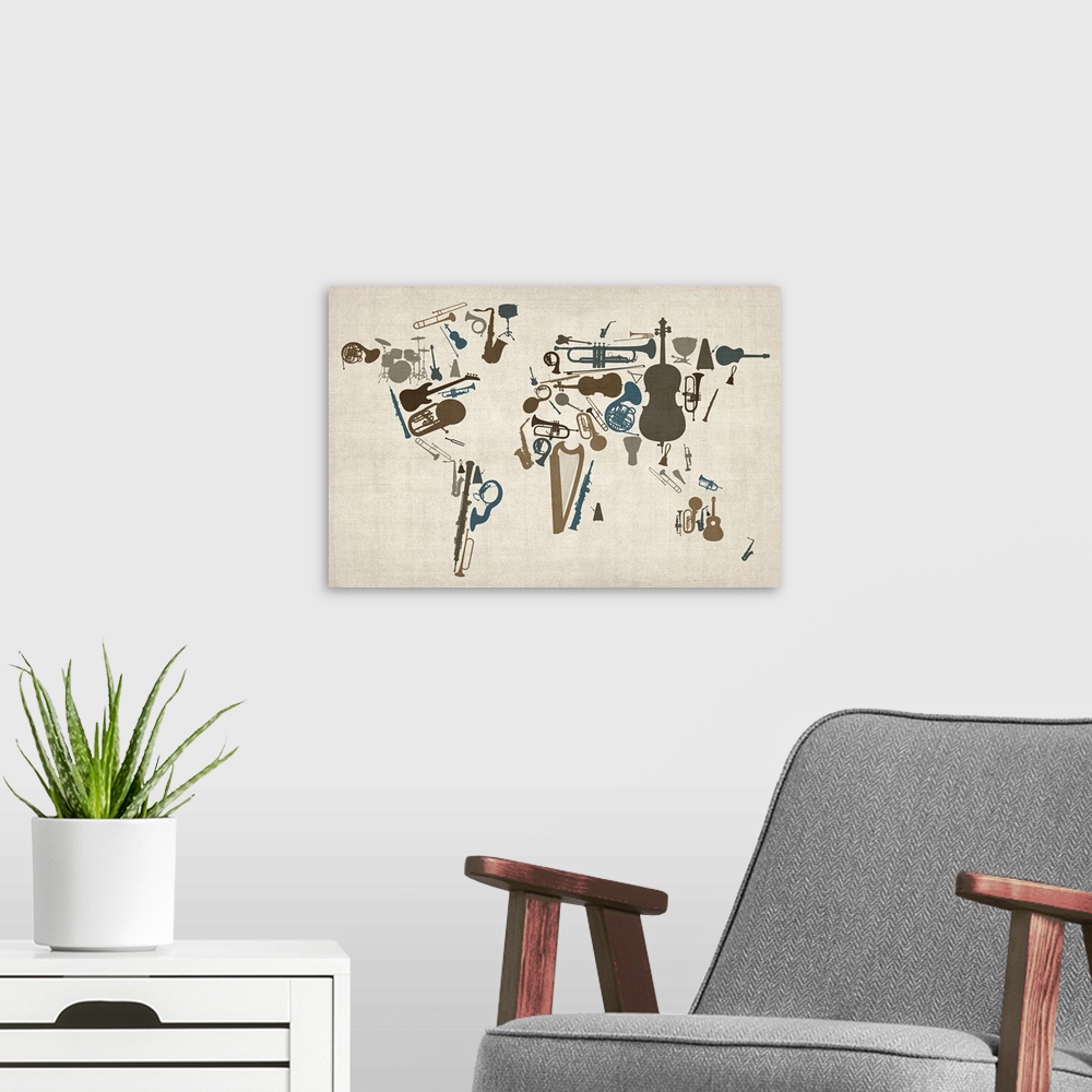 A modern room featuring Map of the world with silhouetted instrument shapes as continents.  Instruments used include a gu...