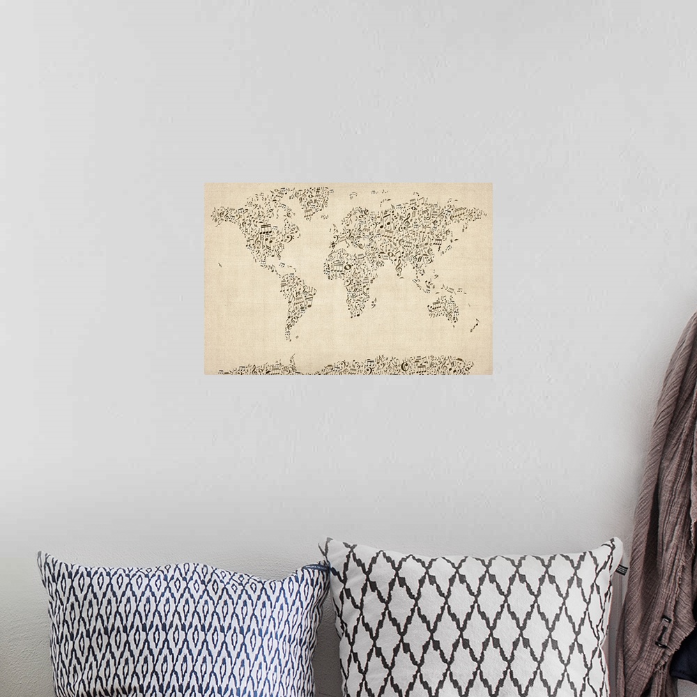 A bohemian room featuring Large canvas of the a map of the world represented as musical notes.