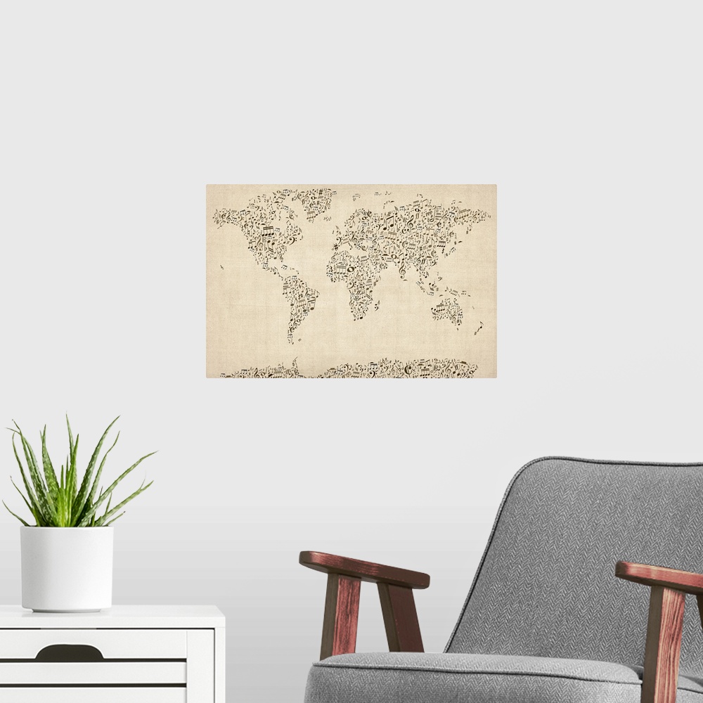 A modern room featuring Large canvas of the a map of the world represented as musical notes.