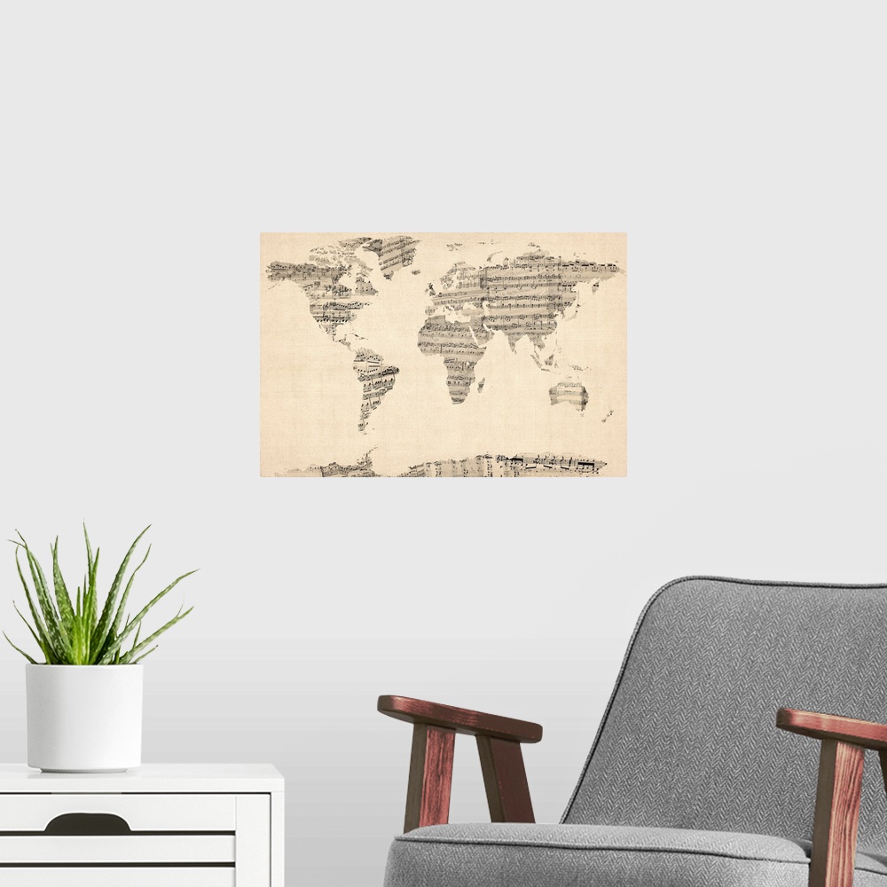A modern room featuring Large illustration depicts a map of Earth where the landmasses have been constructed of musical s...
