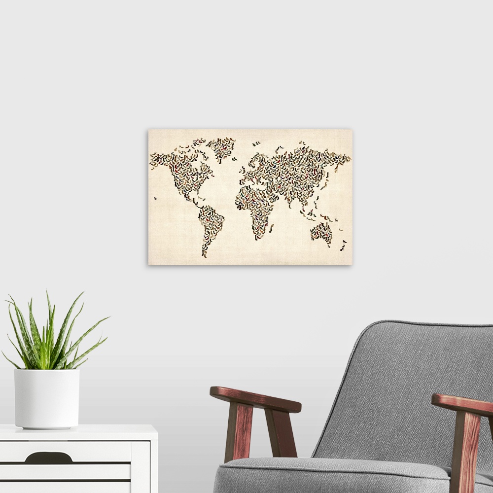 A modern room featuring World map made up of shoes
