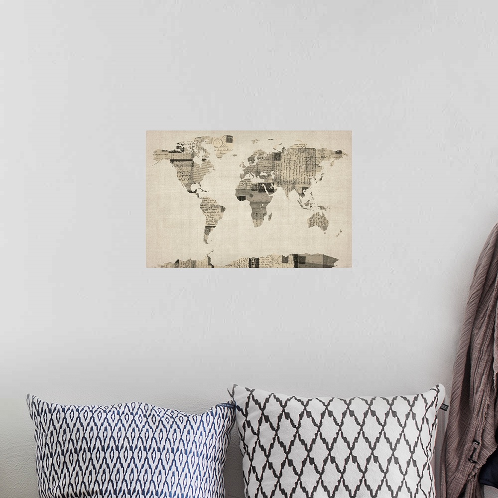 A bohemian room featuring Big monochromatic illustration includes a map of Earth composed of various antique pieces of mail...