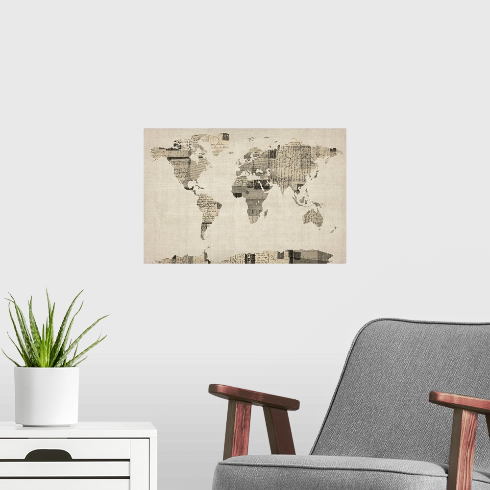A modern room featuring Big monochromatic illustration includes a map of Earth composed of various antique pieces of mail...