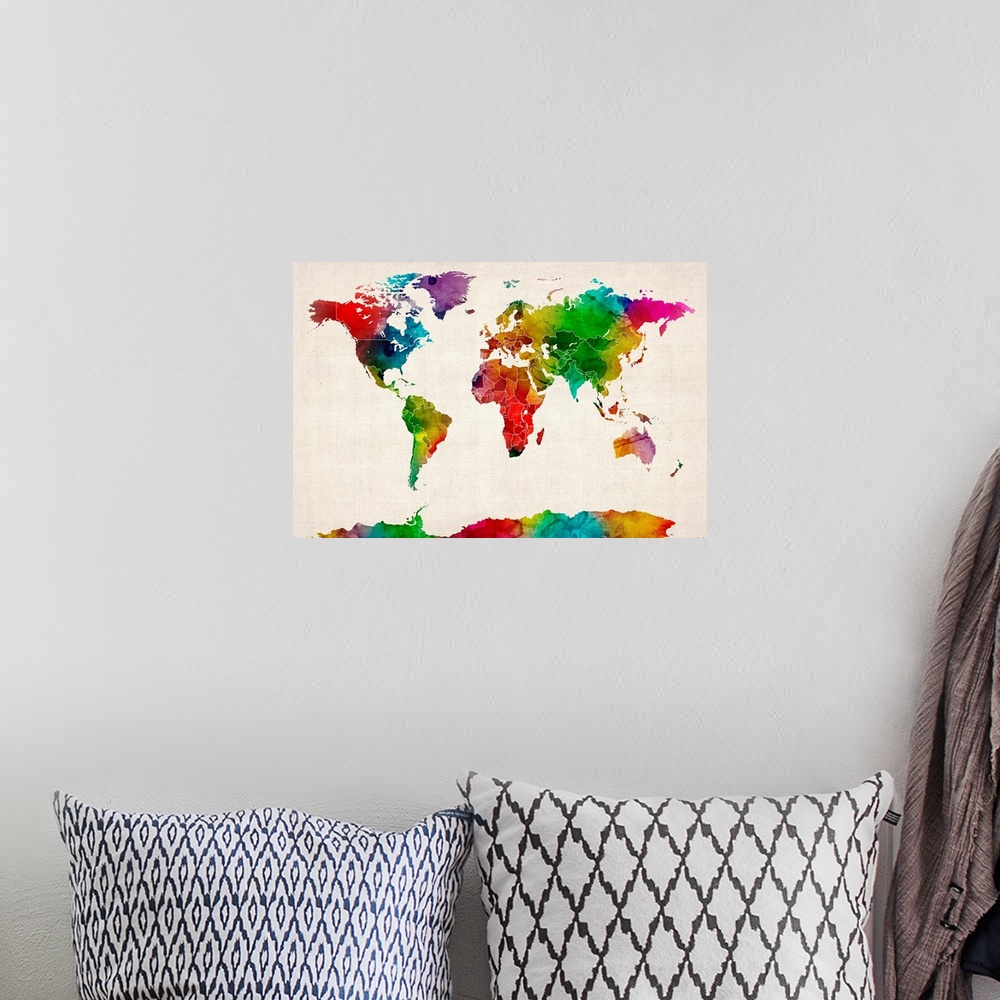 A bohemian room featuring A colorful world map on paper texture that artistically defines all seven continents and outlines...