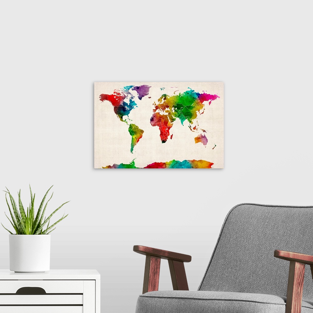 A modern room featuring A colorful world map on paper texture that artistically defines all seven continents and outlines...