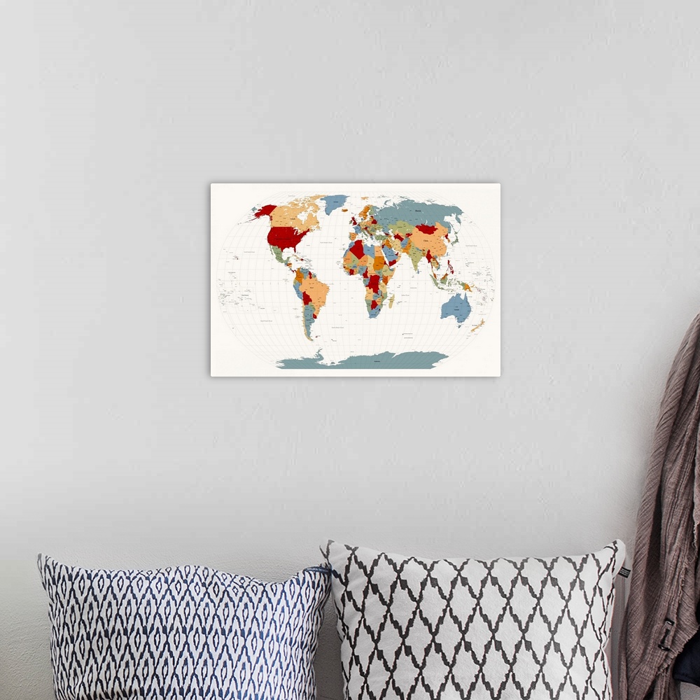 A bohemian room featuring Political map of the world showing country boundary lines.  The map also shows oceans and lines o...