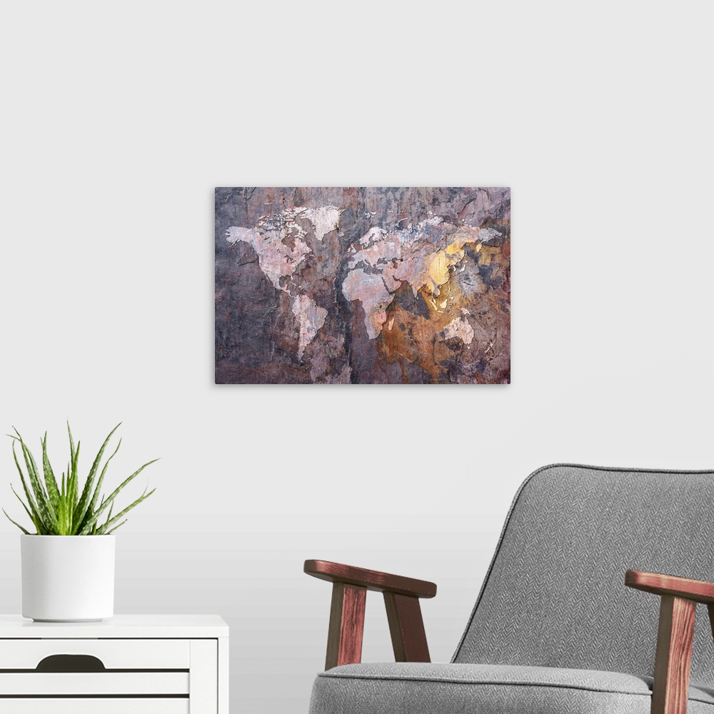 A modern room featuring Huge canvas art depicts a map of Earth laid over a roughly textured rock face.