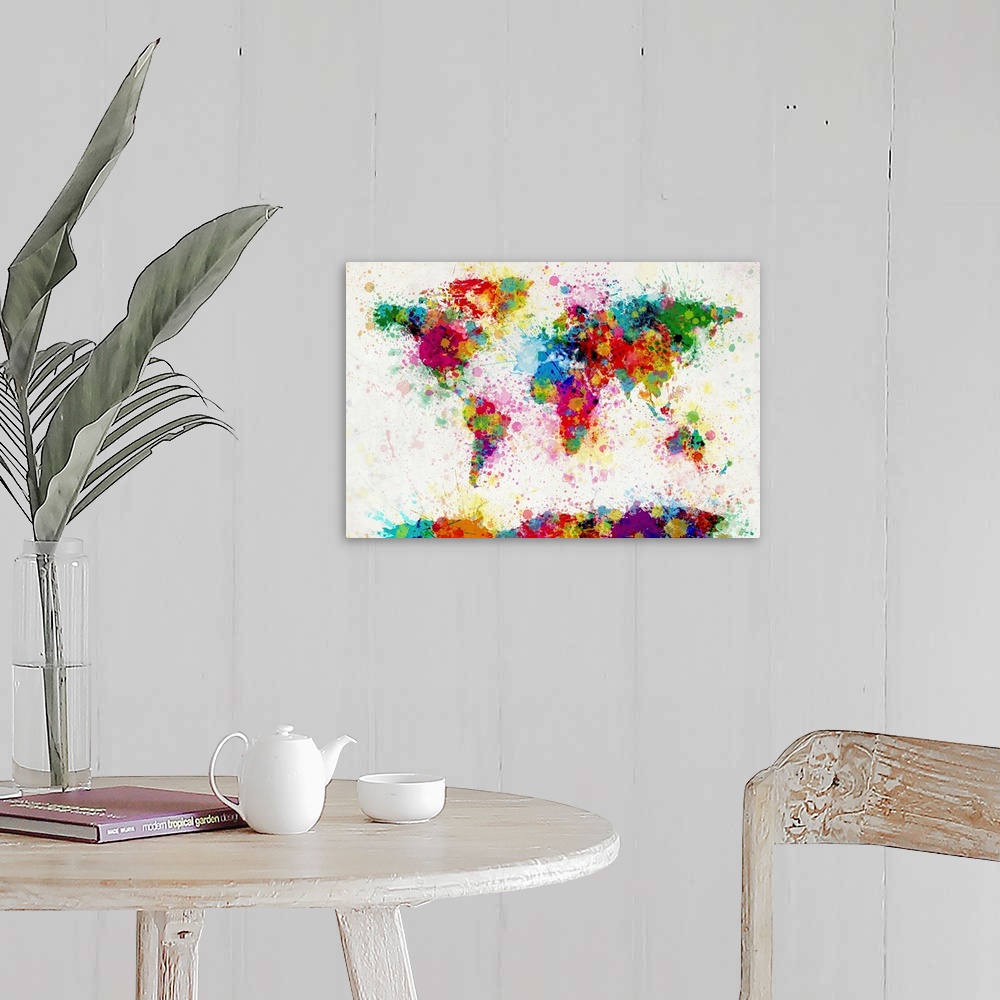 A farmhouse room featuring Giant contemporary piece of colorful art that shows a world map composed of a number of paint dro...