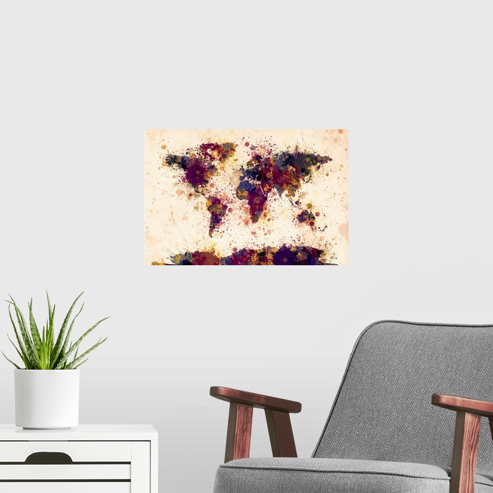 A modern room featuring Contemporary world map artwork made of dark watercolor paint splashes.