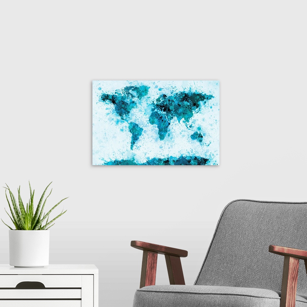 A modern room featuring Tonal map of the world made from splatters of paint.