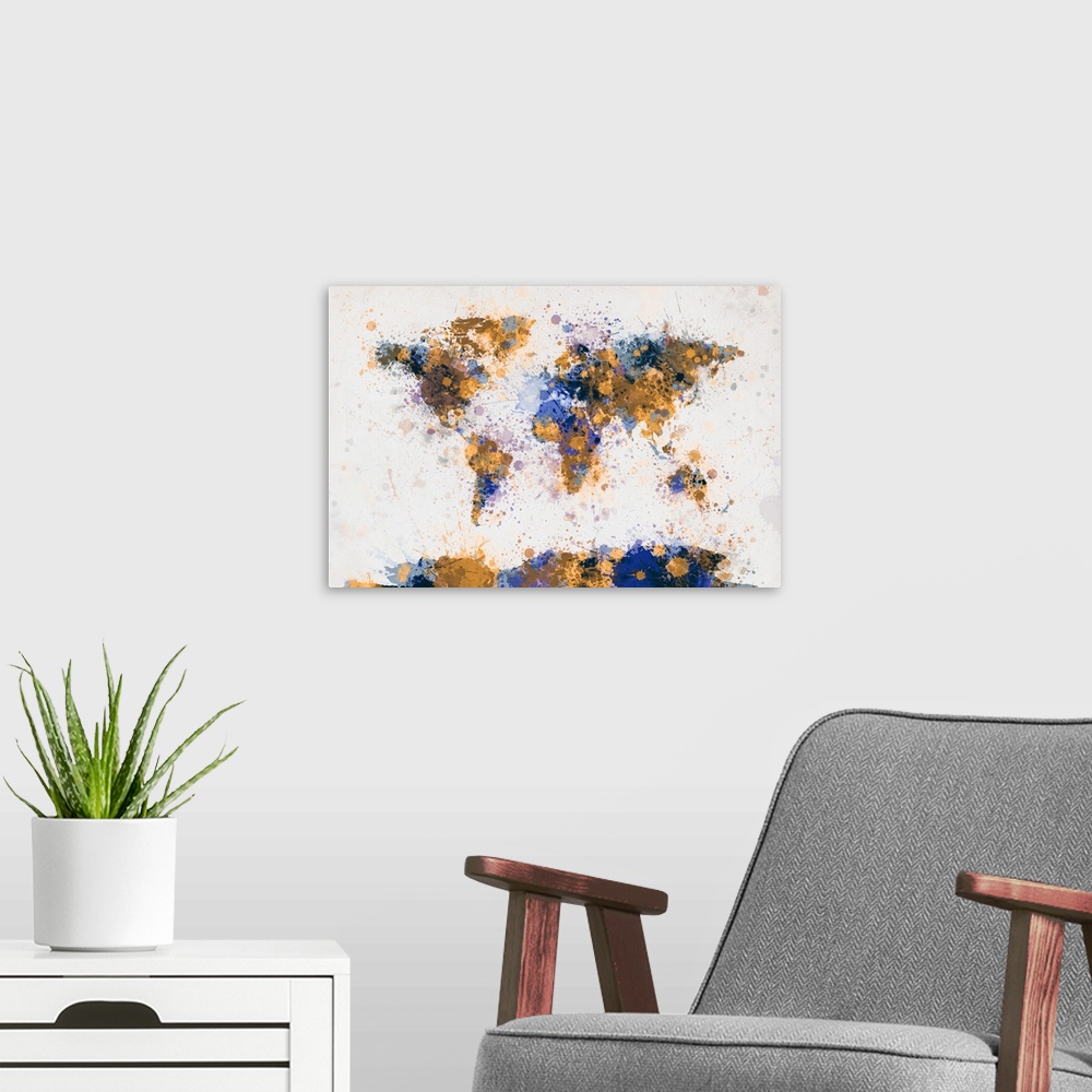 A modern room featuring World Map Paint Splashes, Yellow and Blue