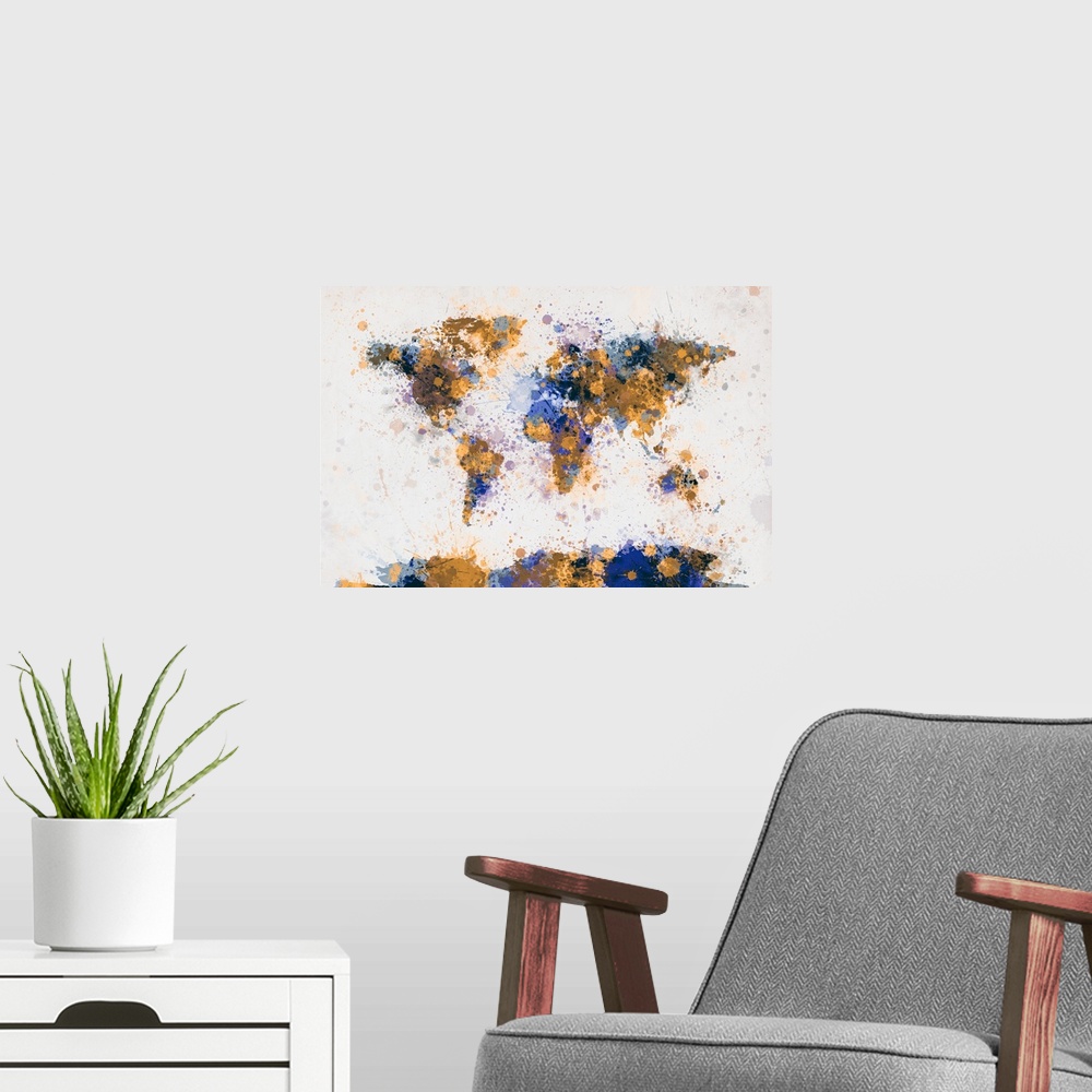 A modern room featuring World Map Paint Splashes, Yellow and Blue