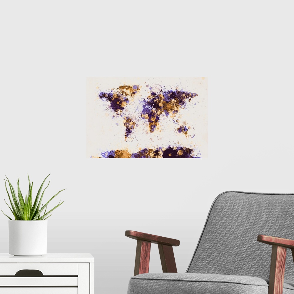 A modern room featuring World Map Paint Splashes, Yellow and Purple