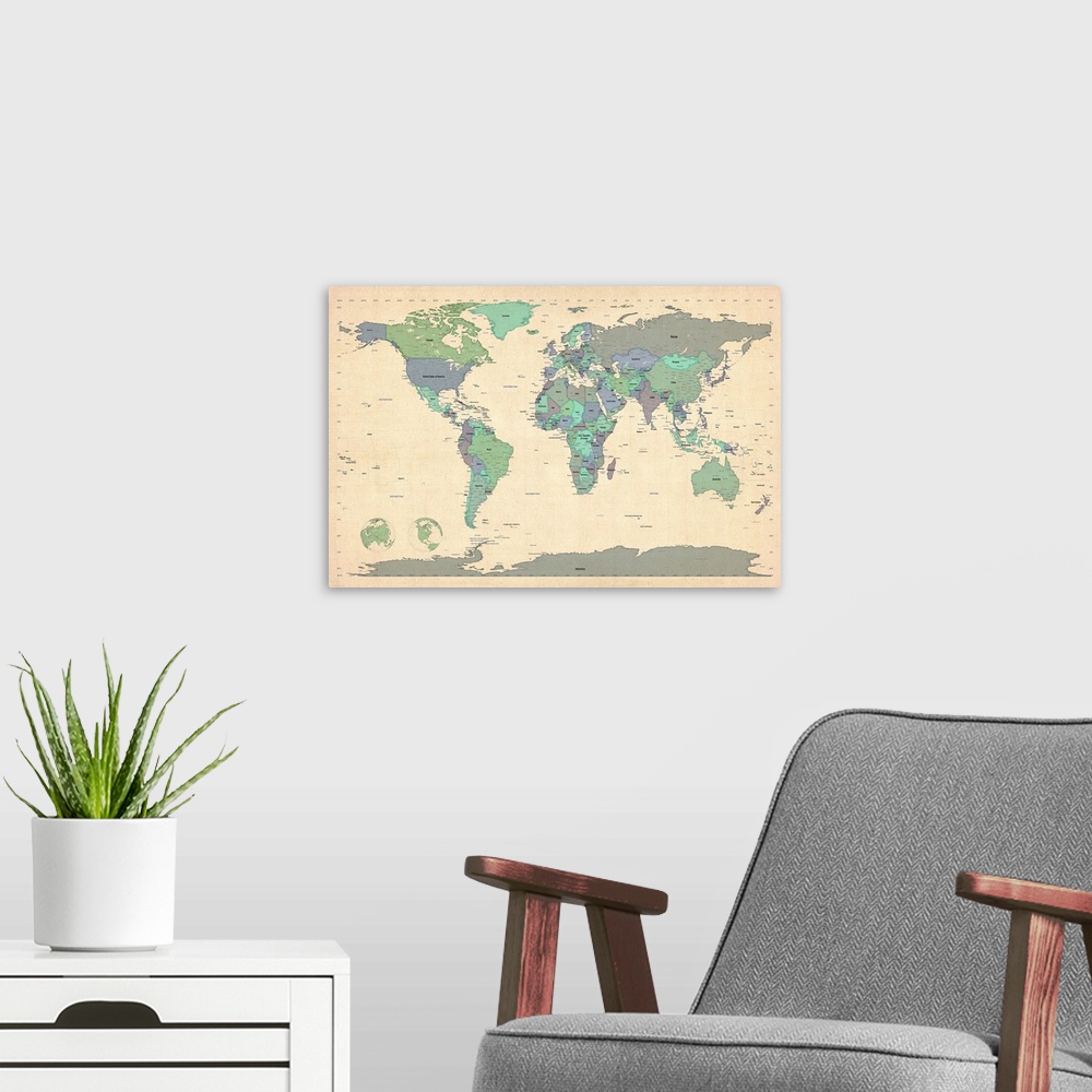 A modern room featuring Map of the world showcasing continental and state boundaries, as well as oceans, with grid lines.