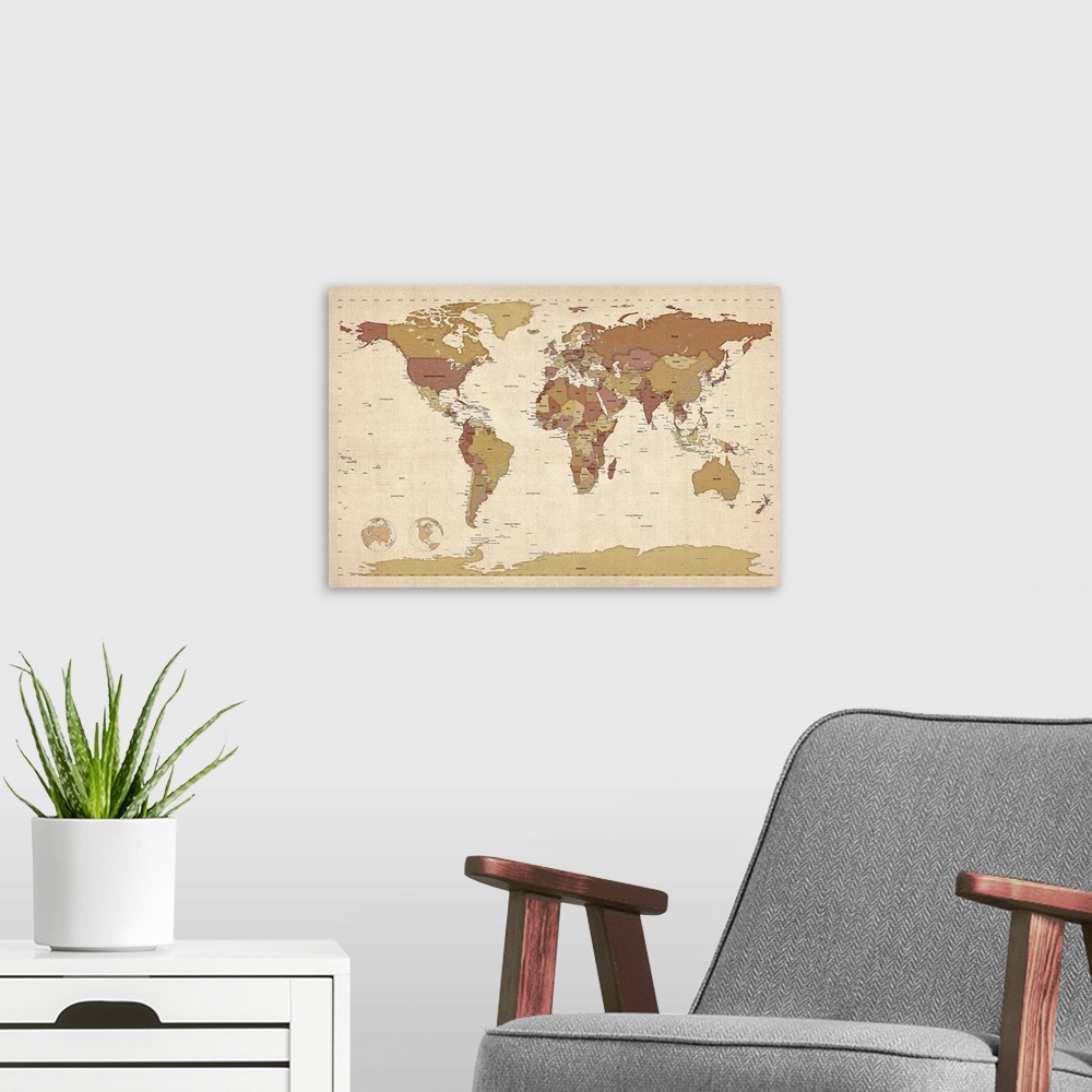 A modern room featuring Map of the world on canvas on an antiqued background.
