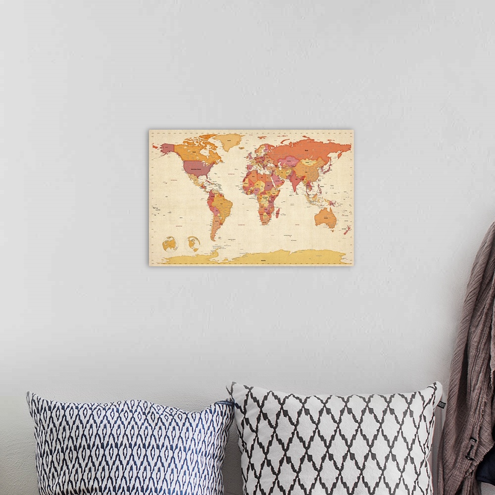A bohemian room featuring World map labeled with all the countries and oceans in warm color tones.